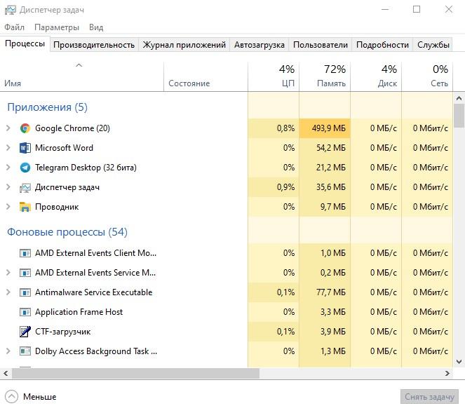 Диспетчер задач в Windows 10