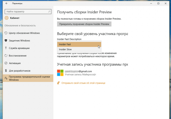 Настройки обновлений в Windows 10 Insider Preview