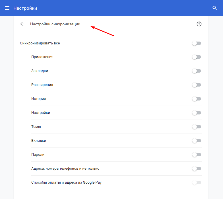 Как выглядят настройки синхронизации в Google Chrome