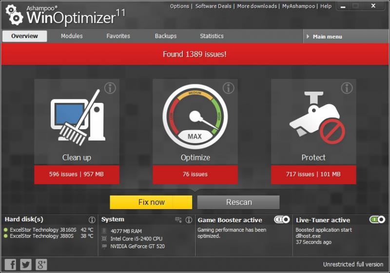 Главный экран Asha,poo WinOptimizer Free.