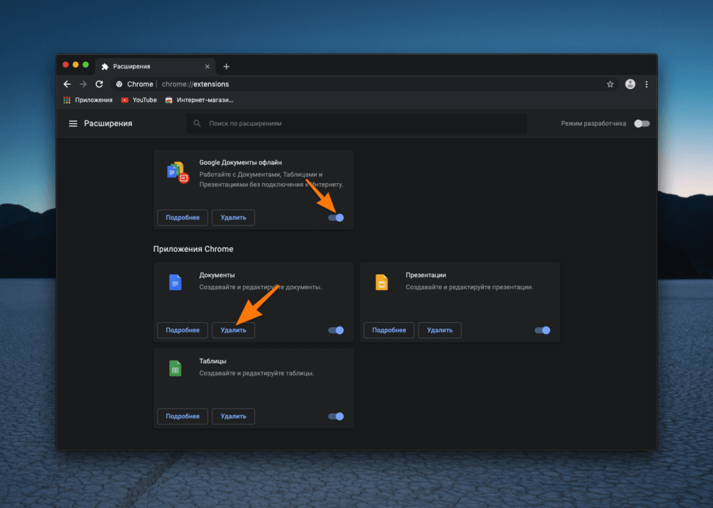 Окно управления расширениями в Google Chrome