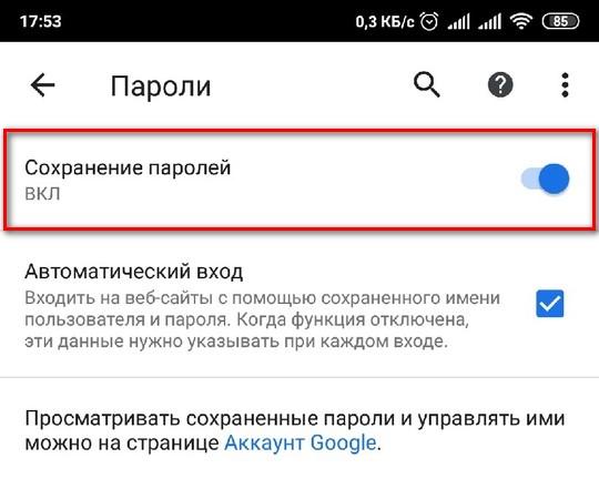 Меню «Пароли» на Андроид
