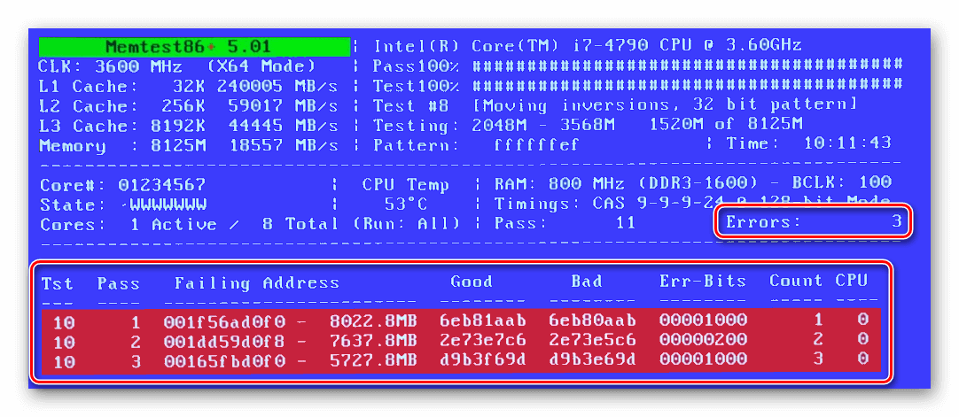 Ошибки в оперативной памяти при проверке с помощью Memtest86+