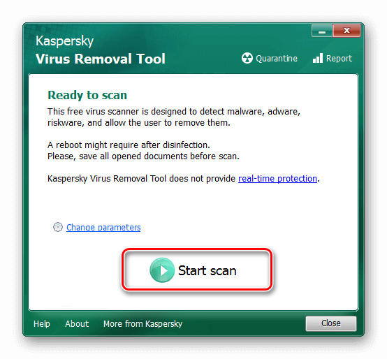 Интерфейс сканера Kaspersky Virus Removal Tool