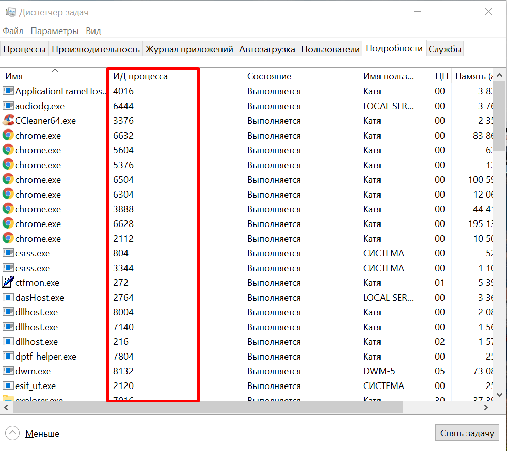 ИД процесса в Диспетчере задач Windows 10