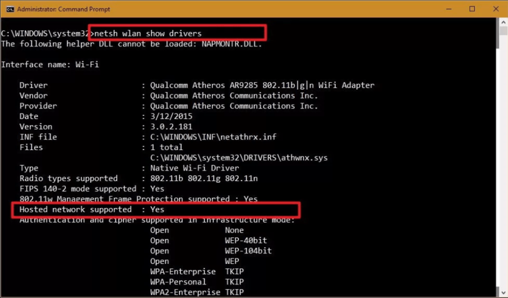 netsh wlan show drivers Windows 10