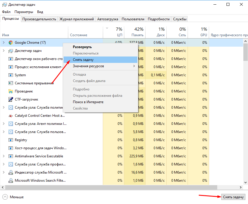 Закрытие браузера Google Chrome через «Диспетчер задач»