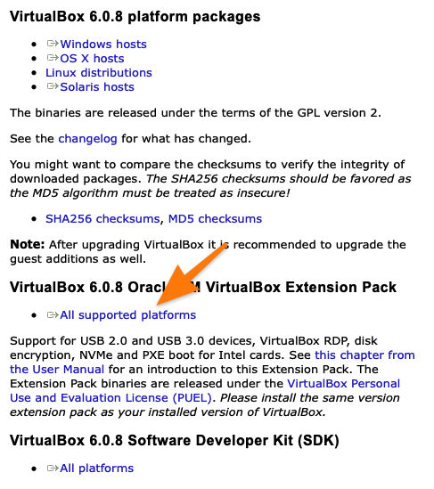 Окно загрузки на официальном сайте VirtualBox