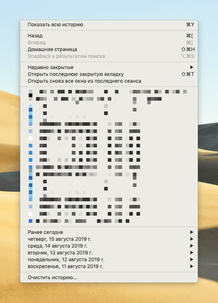 Список опций в меню «История» браузера Safari