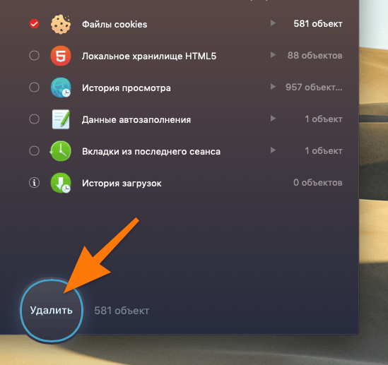 Окно очистки файлов Cookie в CleanMyMac X