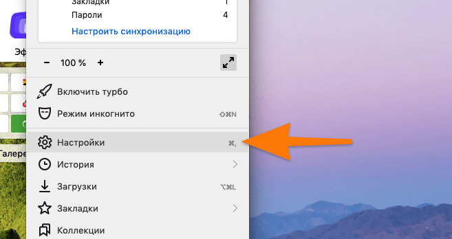 Список опций и настроек в Яндекс.Браузере