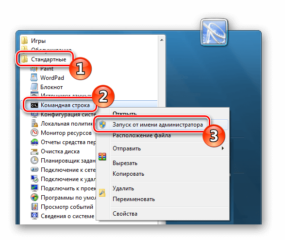 Запуск командной строки из стартового меню Windows 7 