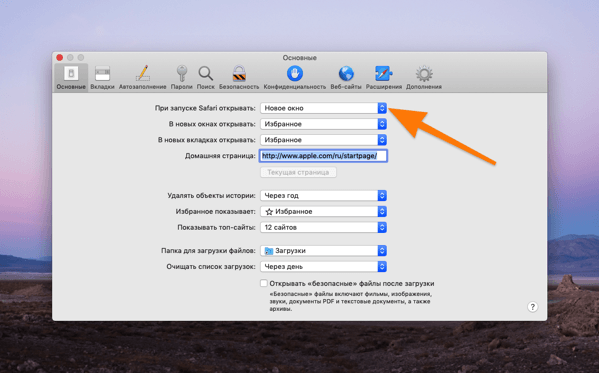 Окно настроек Safari в macOS