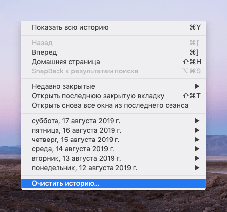 Список опций, доступных в меню «История» браузера Safari