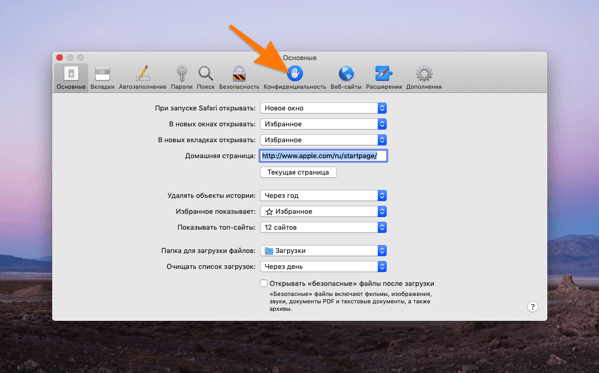 Настройки браузера Safari в macOS