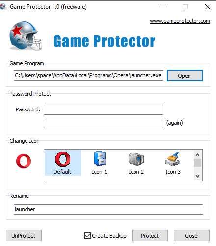 Настройки программы Game Protector