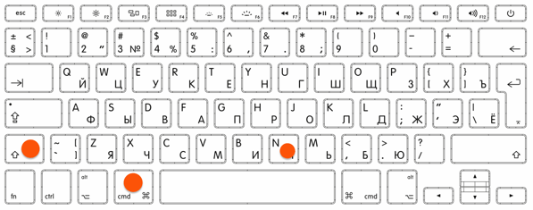 Клавиатура Apple с отмеченными клавишами **Cmd**, **Shift** и **N**