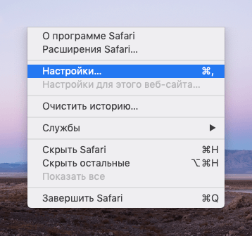 Список разделов в меню «Файл» браузера Safari