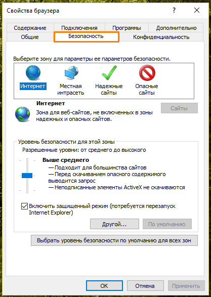 Вкладка «Безопасность» в окне «Свойства браузера» в Internet Explorer