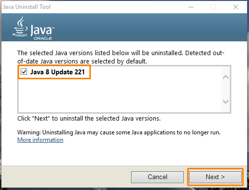 Выбор версии Java в программе «Java Uninstall Tool»