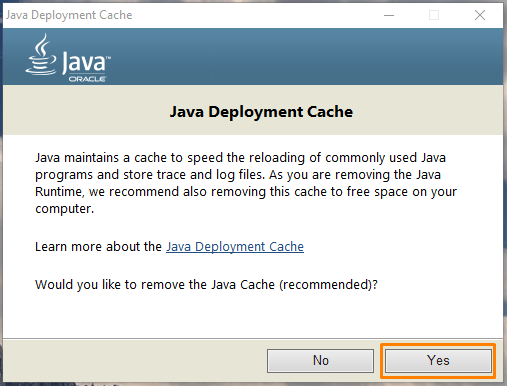 Удаление кэша Java в программе «Java Uninstall Tool»