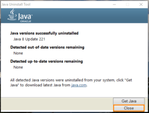 Удаление Java в программе «Java Uninstall Tool» завершено