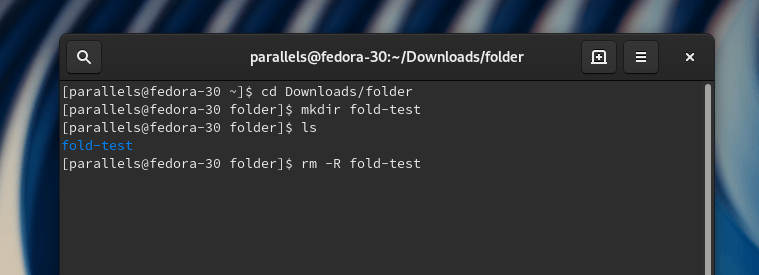 Команда rm -R fold-test, введенная в терминал дистрибутива Fedora