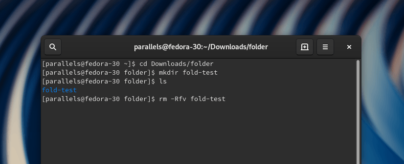 Команда rm -Rfv fold-test, введенная в терминал дистрибутива Fedora