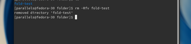 Вывод команды rm -Rfv fold-test в терминале дистрибутива Fedora