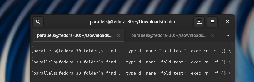 Команда __find . -type d -name ‘fold-test’ -exec rm -rf \{} \;__, введенная в терминал дистрибутива Fedora