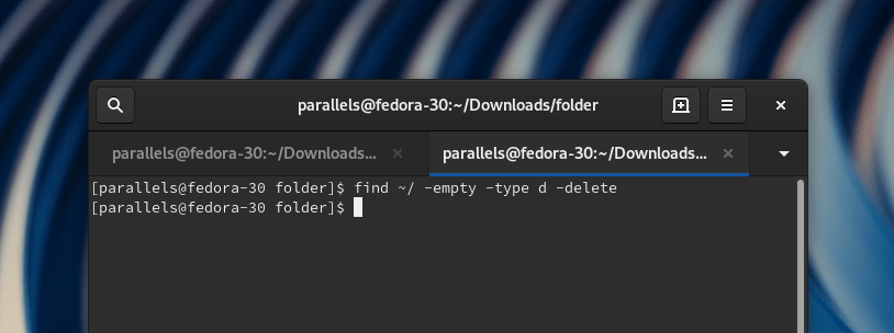Команда __find \~/ -empty -type d -delete__, введенная в терминал дистрибутива Fedora