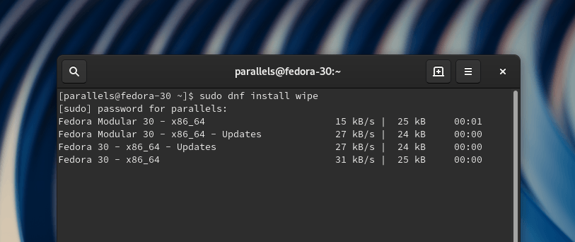 Процесс установки утилиты wipe в дистрибутив Fedora