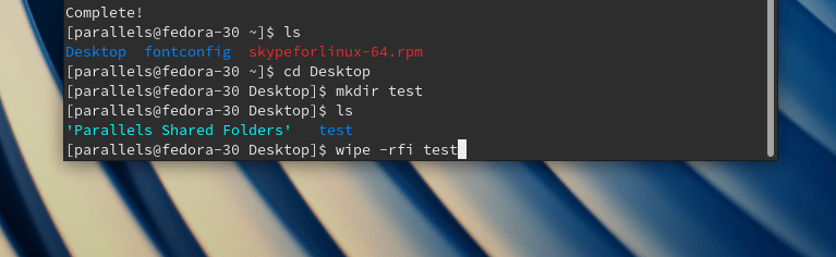 Утилита wipe -rfi test, введенная в терминал дистрибутива Fedora
