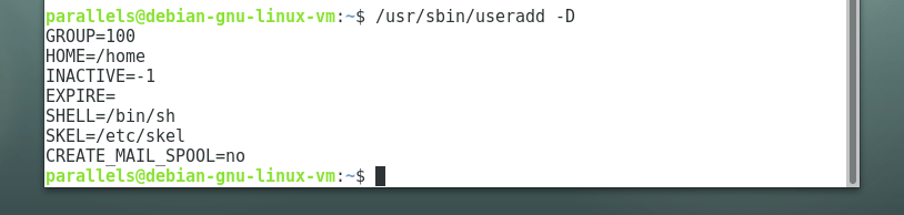 Выдача команды useradd -D в терминале дистрибутива Debian