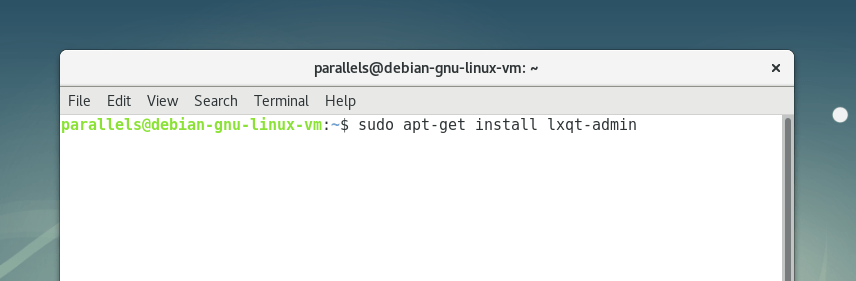 Команда sudo apt-get install lxqt-admin в терминале Debian