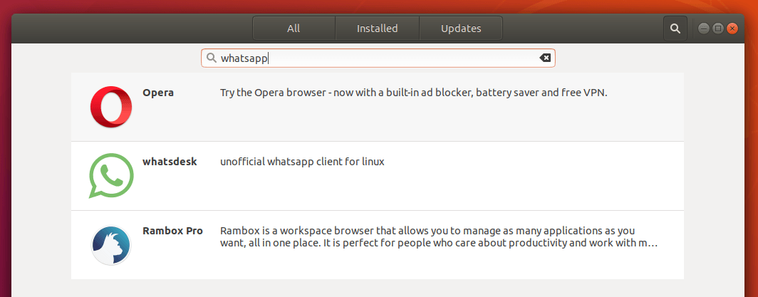 Результаты поиска по запросу WhatsApp в магазине приложений Ubuntu