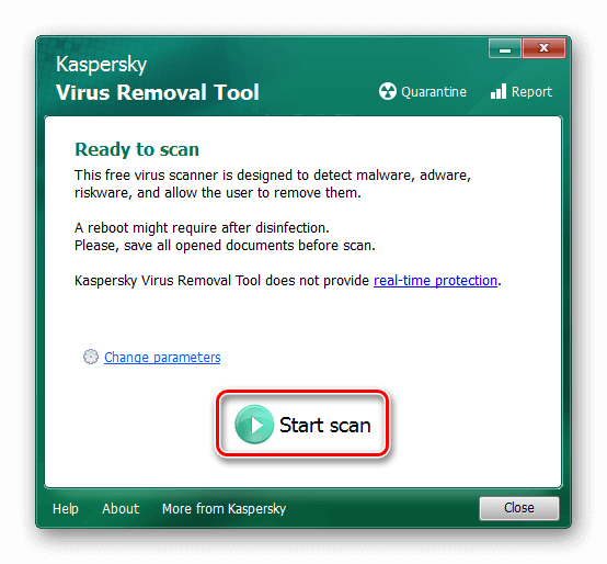 Окно сканера Kaspersky Virus Removal Tool