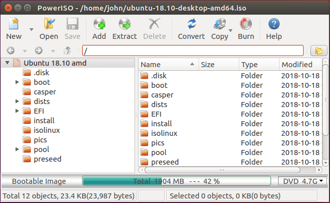 Интерфейс программы PowerISO в Ubuntu