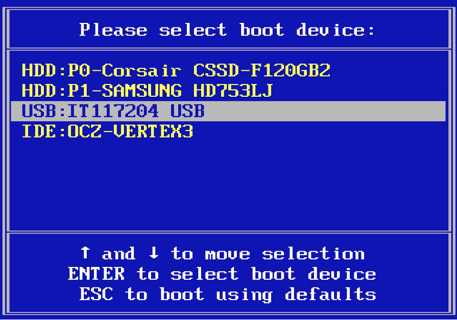 Список устройств, доступных в Boot-меню