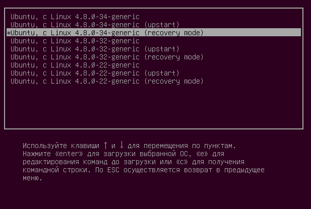 Открытие Recovery Mode для восстановления Linux Ubuntu