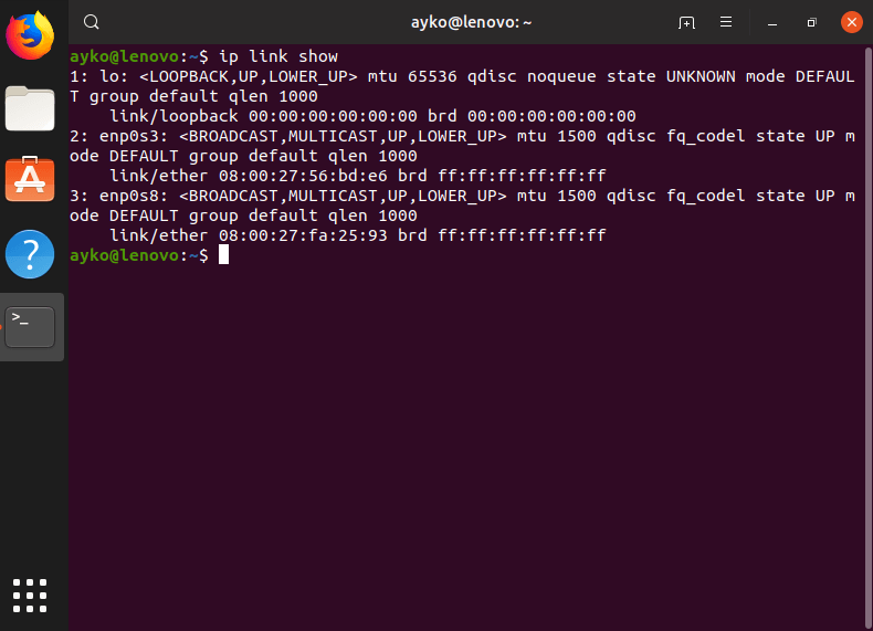 Список установленных сетевых устройств в командной строке Linux Ubuntu