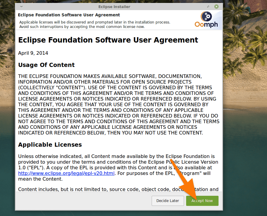 Лицензионное соглашение в Eclipse Installer
