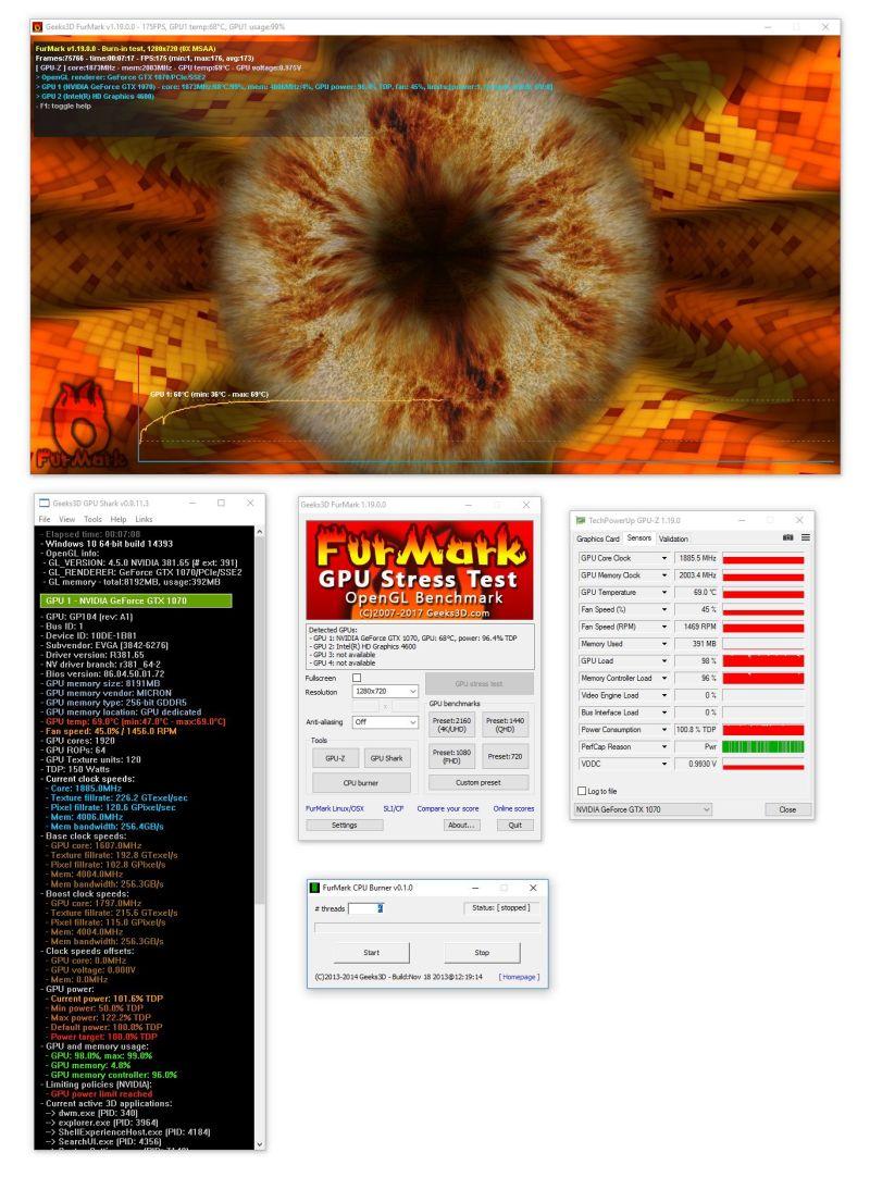Интерфейс FurMark и визуальное представление самого теста