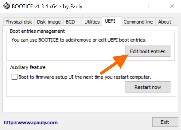 Вкладка UEFI в приложении Bootice
