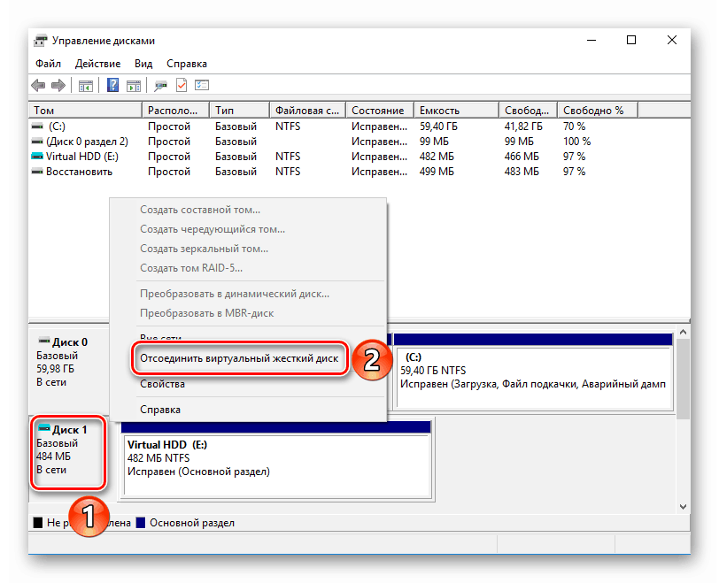 Отключение виртуального жёсткого диска на Windows 10