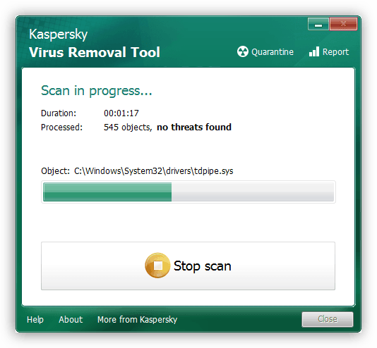 Поиск вирусов в Kaspersky Virus Removal Tool