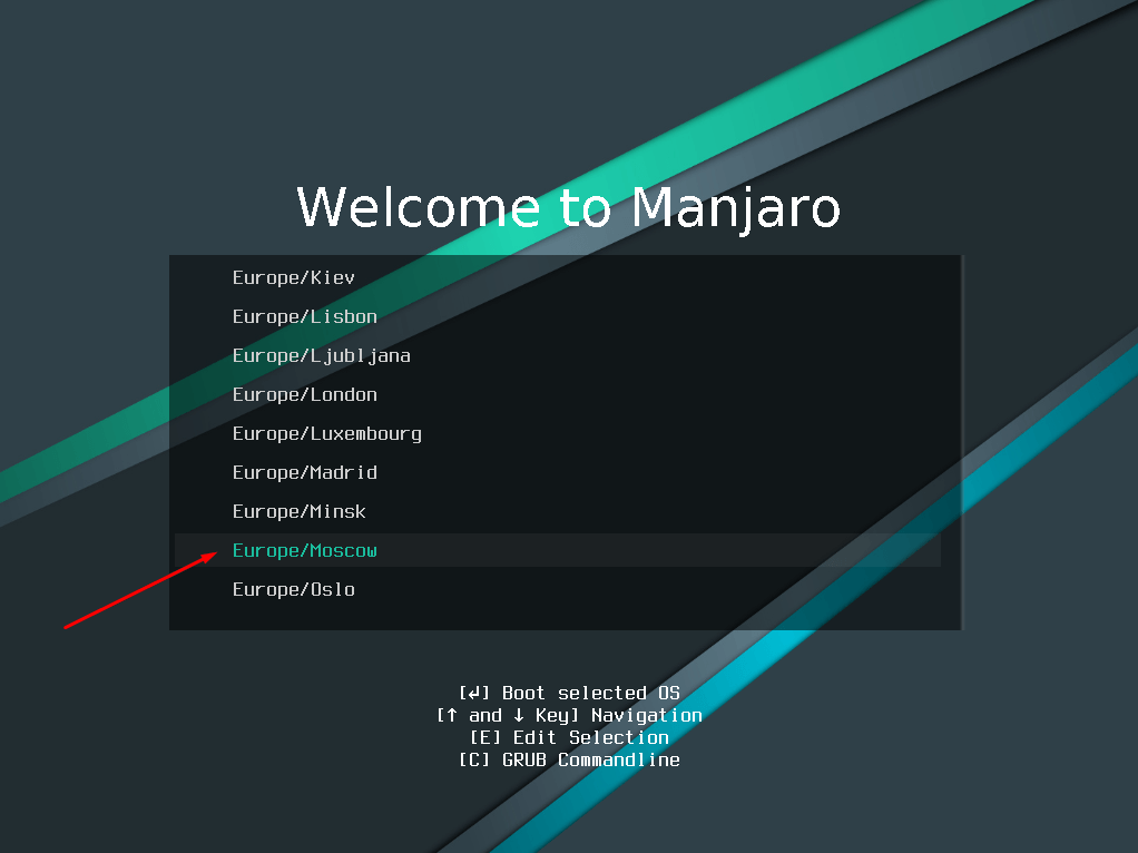 Выбор города для установки часового пояса при установке Manjaro Linux