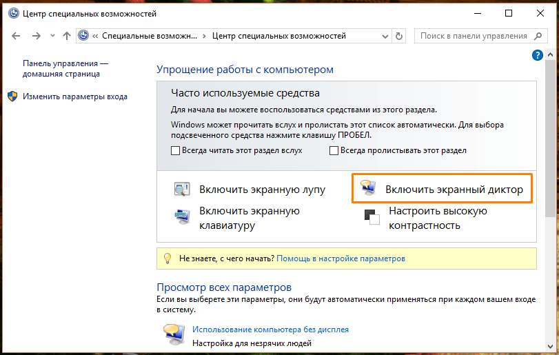 Окно «Центр специальных возможностей» в «Панели управления» в Windows 10