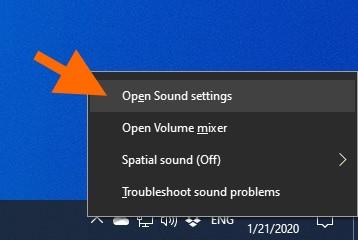 Контекстное меню настроек звука в Windows 10