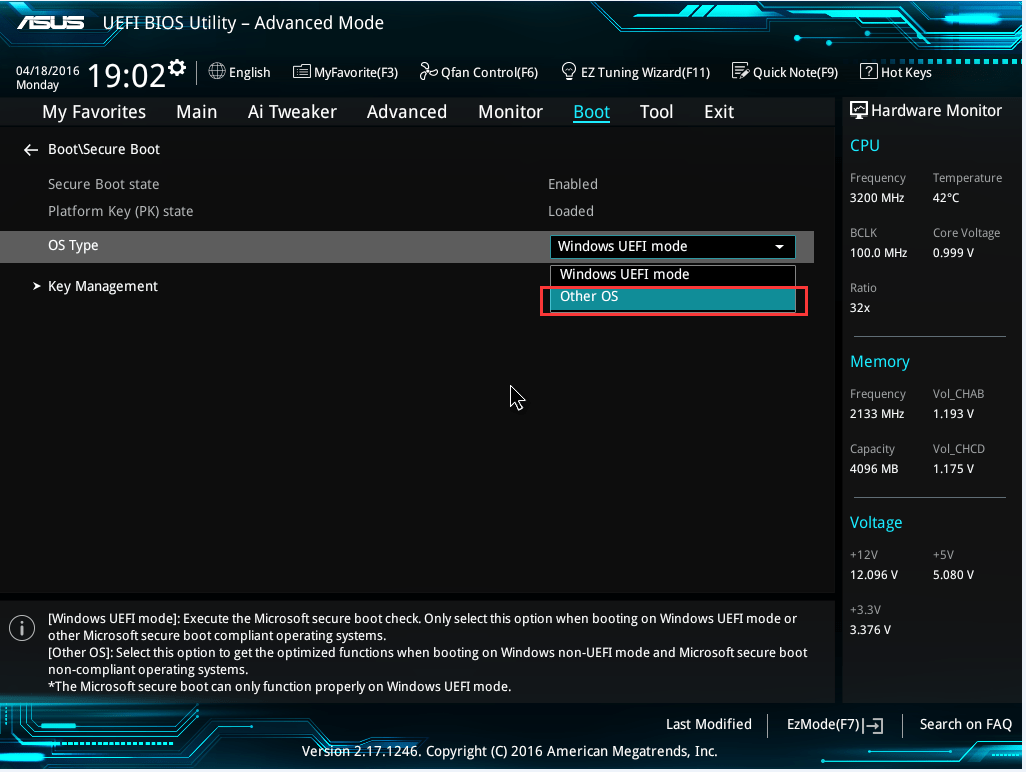 Выбор Other OS в UEFI